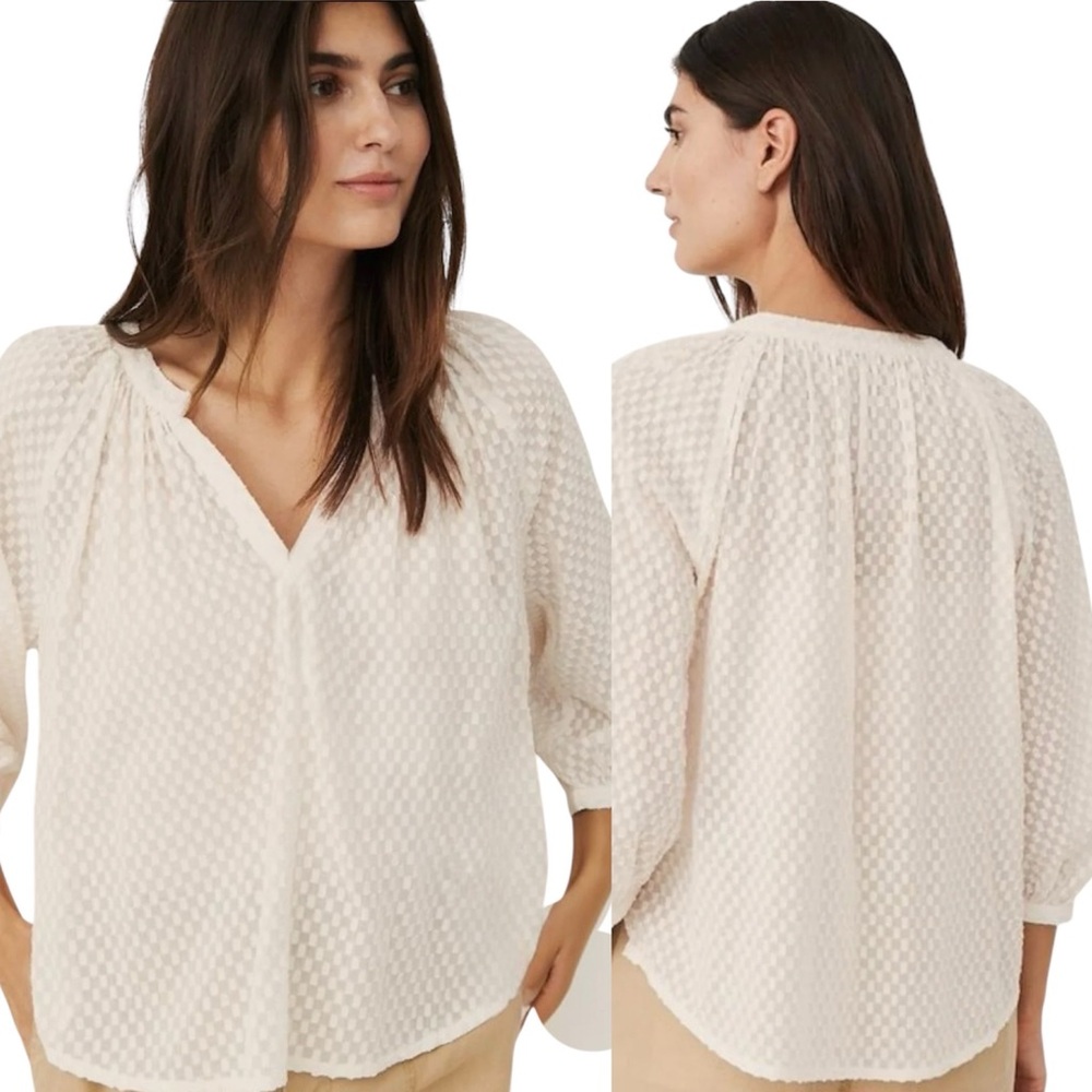 Part Two Copenhagen Ivory Swiss Dot Popover Mandarin V-Neck 3/4 Sleeve Sz 42 XL
